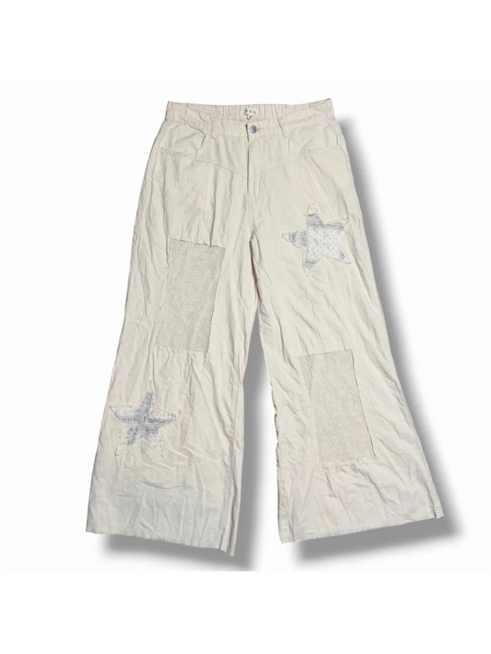 POL Womens Denim & Twill Embroidered Patchwork Wide Leg Pants MED Cream Lace EUC - Picture 4 of 9